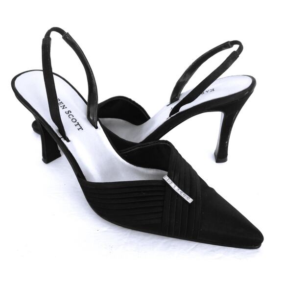 KAREN SCOTT Black Satin Pointed Toe Sling Back Heels w/ Rhinestone Detail Sz 7 - Picture 1 of 10